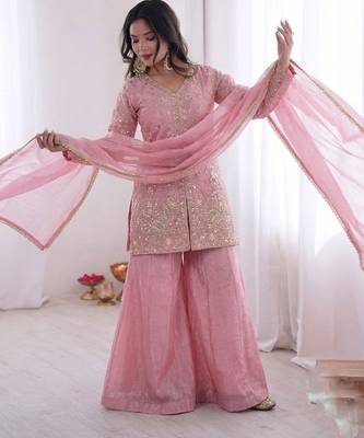 pink silk blend  readymade suit with embroidery & sequence work 5