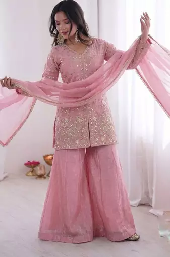 Pink Silk Readymade Suit with Embroidery & Sequence Work