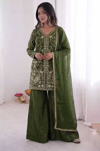 D Green Silk Readymade Suit with Embroidery & Sequence Work