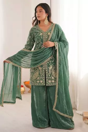 Sea Green Silk Readymade Suit with Embroidery & Sequence Work