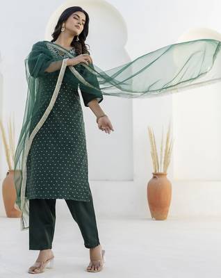 Green premium designer festive wear readymade suit 1