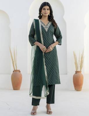 Green premium designer festive wear readymade suit 2