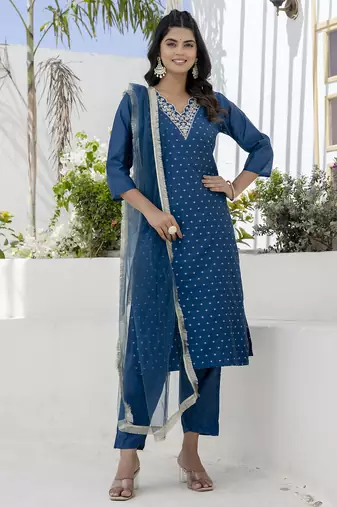 Teal premium designer festive wear readymade suit