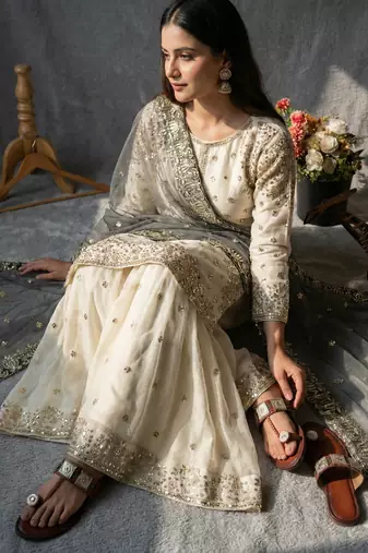 white&black silk blend  readymade suit with embroidery & sequence work