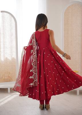 red silk blend  readymade anarkali suit with embroidery & sequence work 5