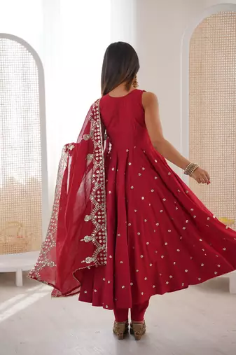 red silk blend  readymade anarkali suit with embroidery & sequence work