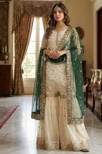 white&d green silk blend  readymade suit with embroidery & sequence work