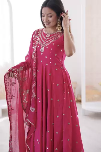 rani silk blend  readymade anarkali suit with embroidery & sequence work