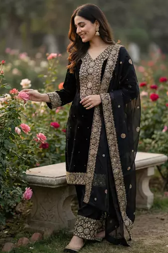 black silk blend  readymade suit with embroidery & sequence work