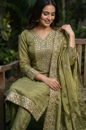 Mehendi Silk Readymade Suit with Embroidery & Sequence Work