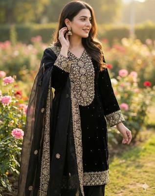 black silk blend  readymade suit with embroidery & sequence work 5