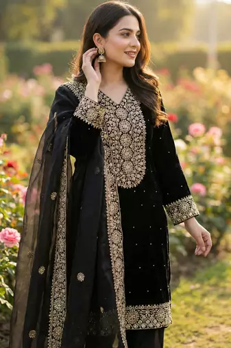 black silk blend  readymade suit with embroidery & sequence work