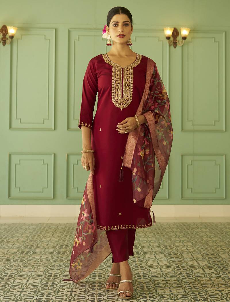 Maroon premium designer festive wear readymade suit