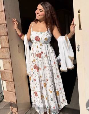 White floral embroidered vichitra silk anarkali gown set with dupatta & pant 1