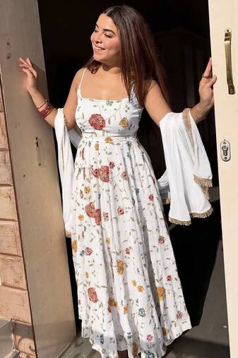 White floral embroidered vichitra silk anarkali gown set with dupatta & pant