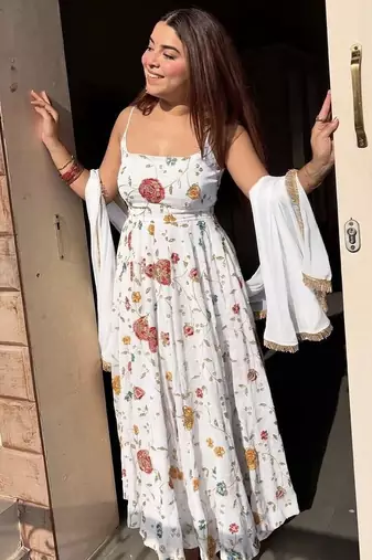 White floral embroidered vichitra silk anarkali gown set with dupatta & pant