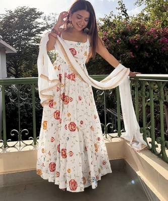 White floral embroidered vichitra silk anarkali gown set with dupatta & pant 2