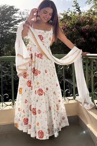 White floral embroidered vichitra silk anarkali gown set with dupatta & pant