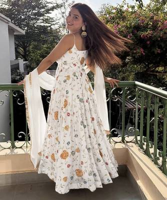 White floral embroidered vichitra silk anarkali gown set with dupatta & pant 3
