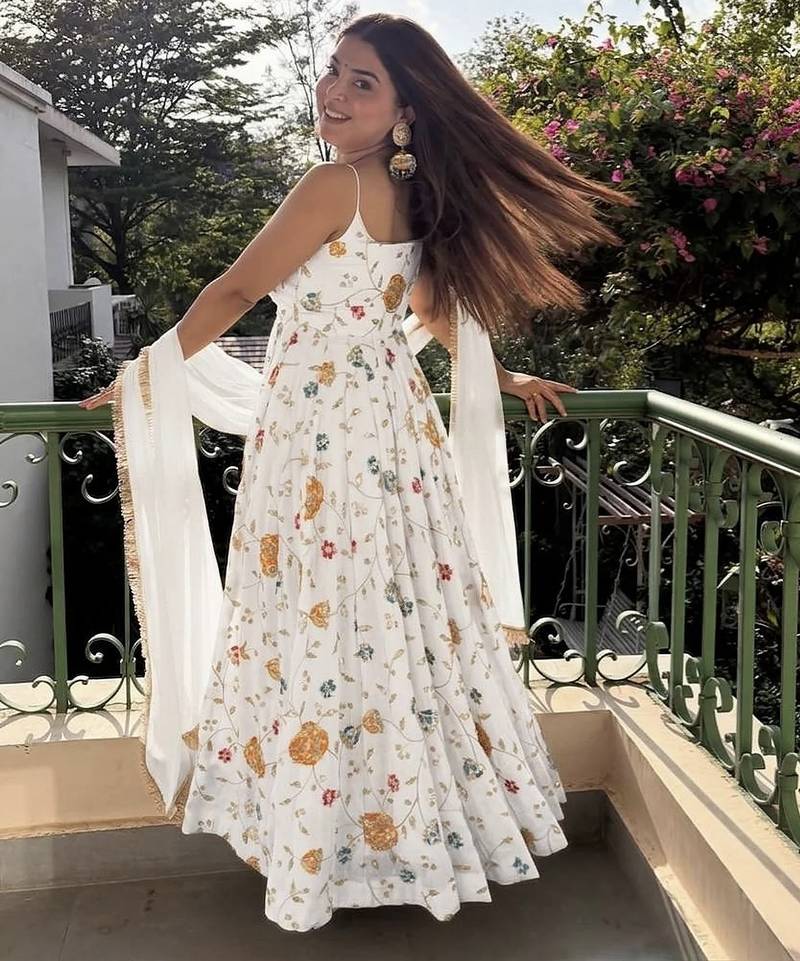 White floral embroidered vichitra silk anarkali gown set with dupatta & pant