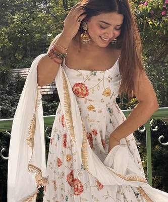 White floral embroidered vichitra silk anarkali gown set with dupatta & pant 4