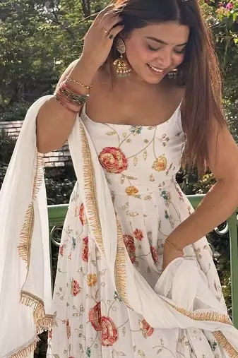 White floral embroidered vichitra silk anarkali gown set with dupatta & pant