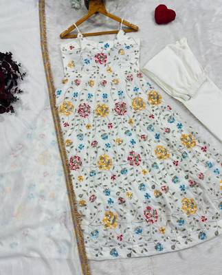 White floral embroidered vichitra silk anarkali gown set with dupatta & pant 5