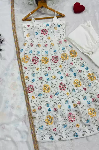 White floral embroidered vichitra silk anarkali gown set with dupatta & pant