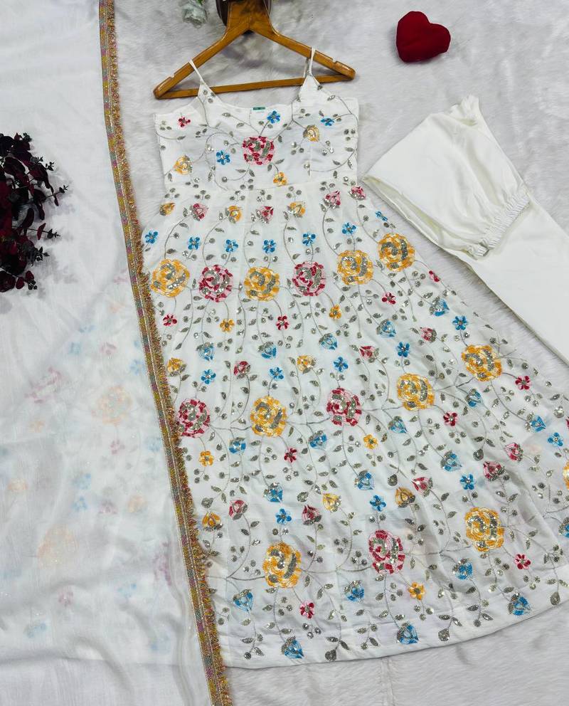 White floral embroidered vichitra silk anarkali gown set with dupatta & pant