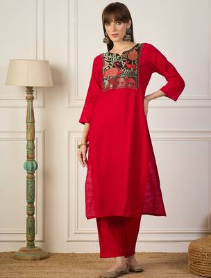 Red premium designer festive wear readymade suit 1