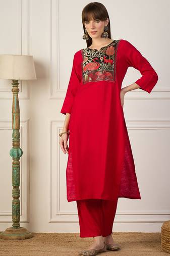 Red premium designer festive wear readymade suit