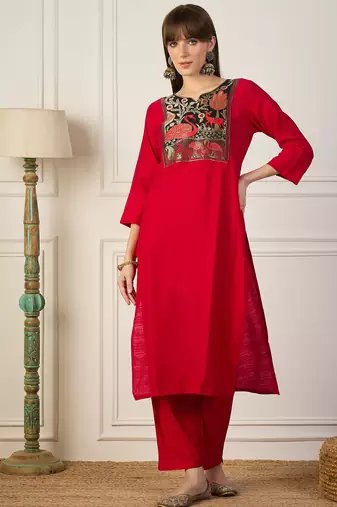 Red premium designer festive wear readymade suit