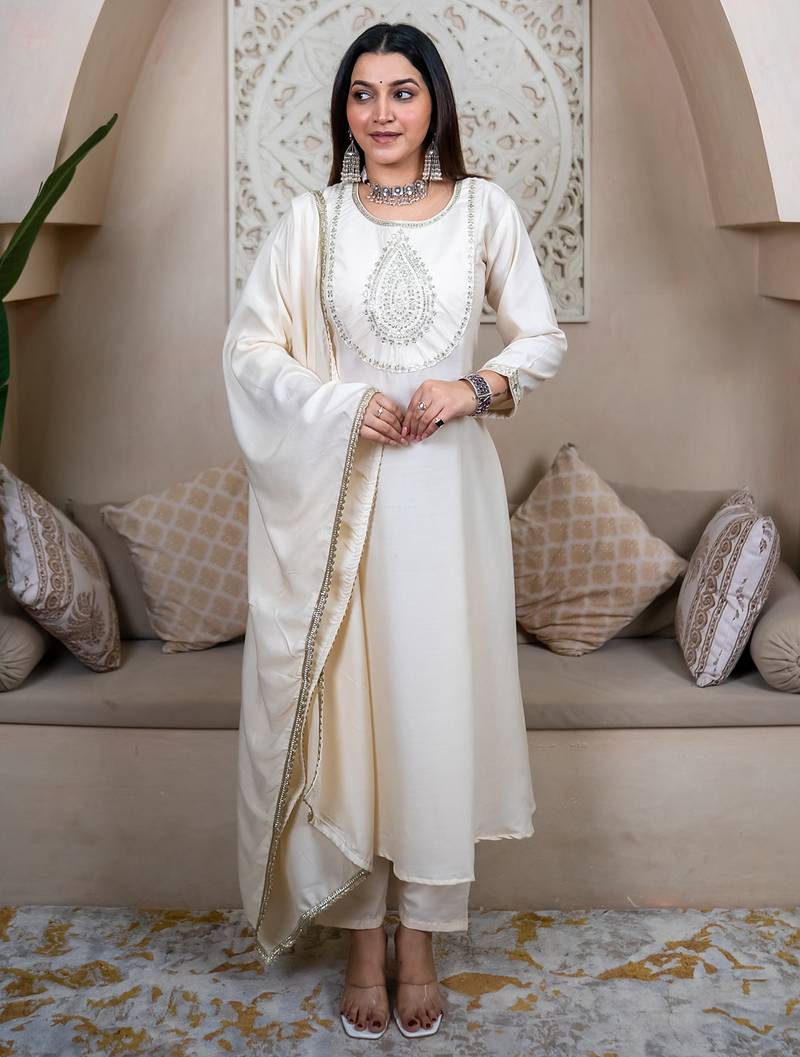 White premium designer festive wear readymade suit