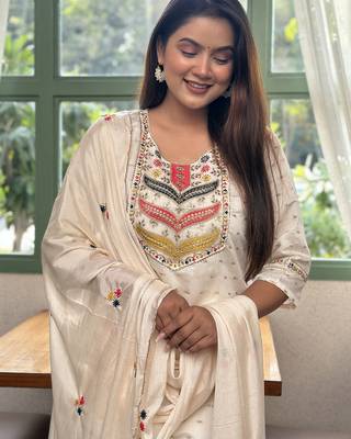 White premium designer festive wear readymade suit 2