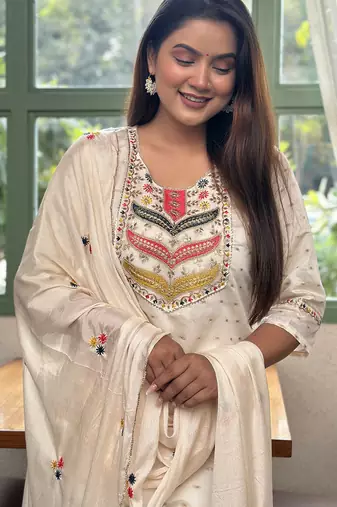 White premium designer festive wear readymade suit