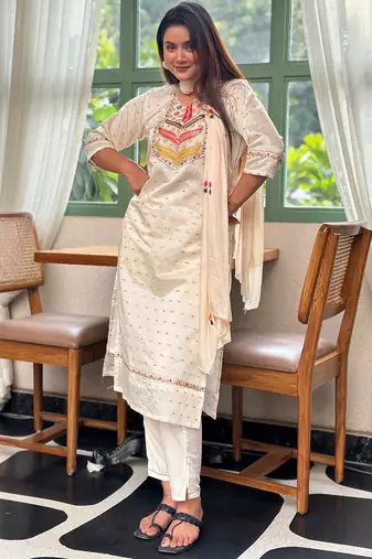 White premium designer festive wear readymade suit