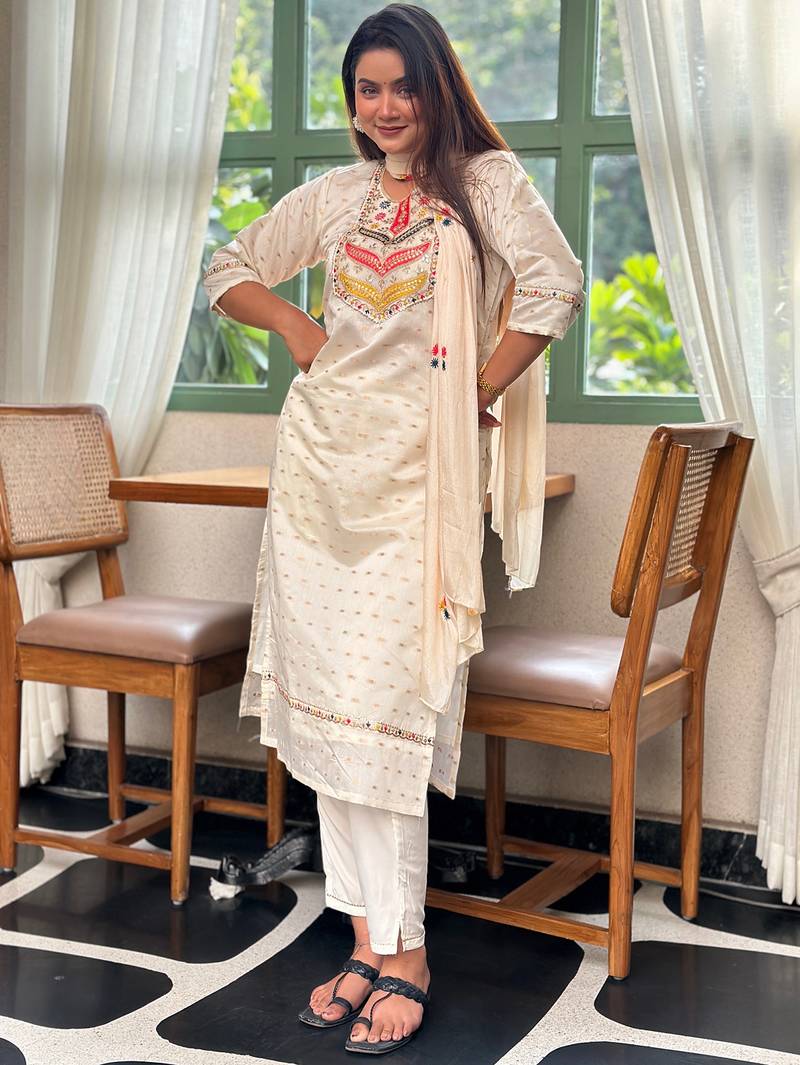 White premium designer festive wear readymade suit