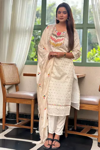 White premium designer festive wear readymade suit