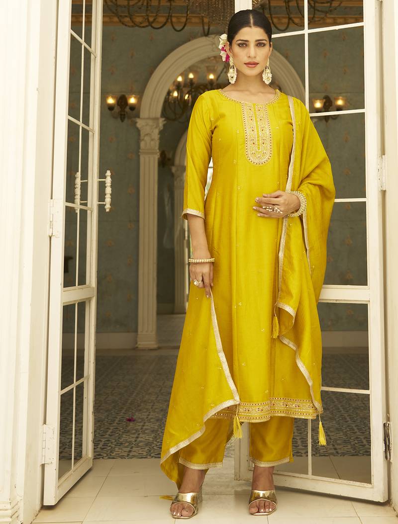 Yellow premium designer festive wear readymade suit