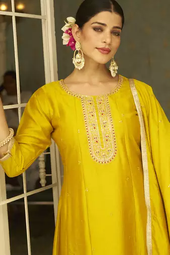 Yellow premium designer festive wear readymade suit