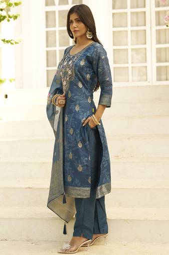 Teal premium designer festive wear readymade suit