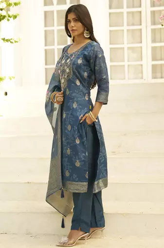 Teal premium designer festive wear readymade suit