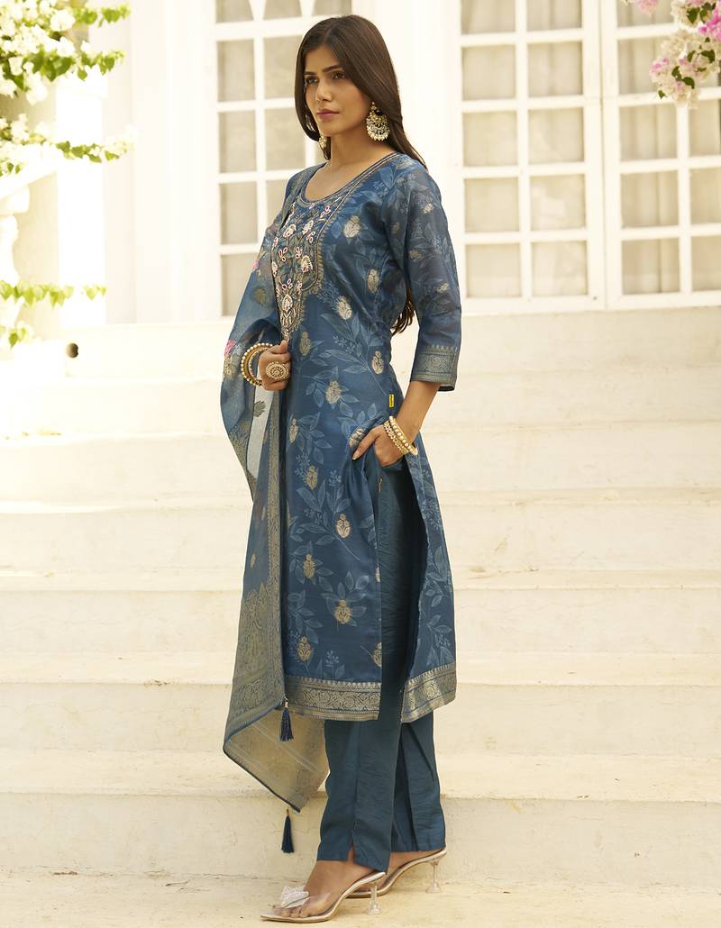 Teal premium designer festive wear readymade suit