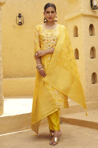 Yellow premium designer festive wear readymade suit