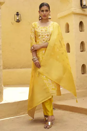 Yellow premium designer festive wear readymade suit
