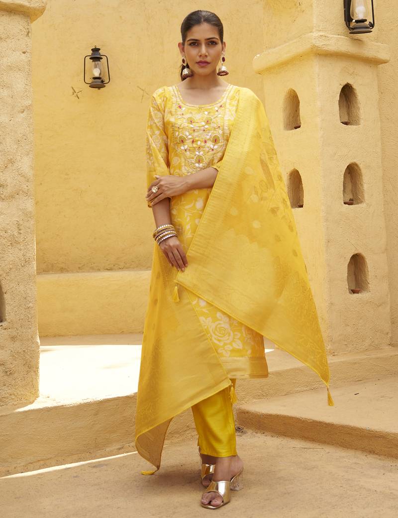 Yellow premium designer festive wear readymade suit