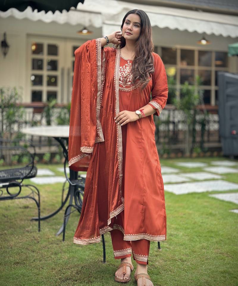 Peach premium designer festive wear readymade suit