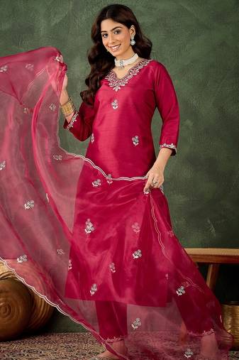 Red premium designer festive wear readymade suit