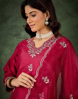 Red premium designer festive wear readymade suit 4