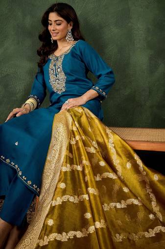 Teal premium designer festive wear readymade suit